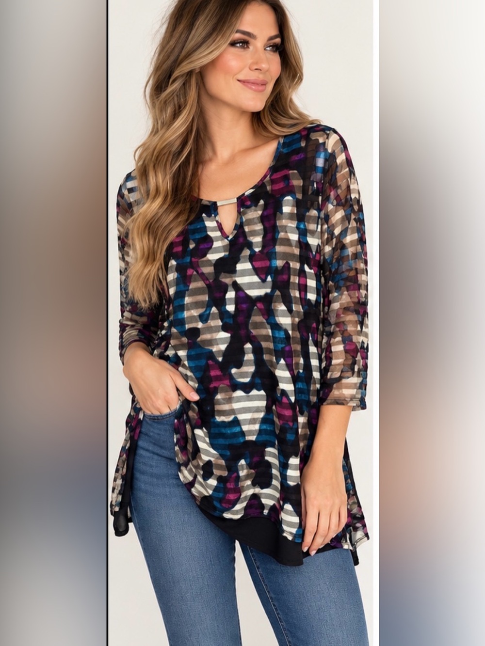 DANA BUCHMAN Sheer Abstract Print Tunic Top – Size Medium